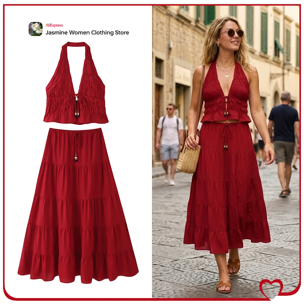 Summer Maroon Ruched Skirt Sets for Women 2 Piece Set Linen Ruched Halter Neck Open Back Top Matching Midi Skirt with Beaded Tie
Summer Maroon Ruched Skirt Sets for Women 2 Piece Set Linen Ruched Halter Neck Open Back Top Matching Midi Skirt with Beaded Tie