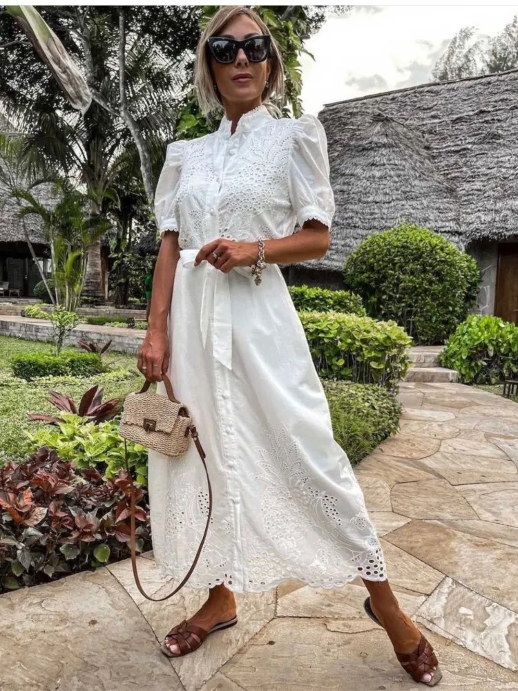 Summer Women Lace-up Shirt Hollowed-out Dresses Elegant Single Breasted Short Sleeve Maxi Dress Bohemian Sundress Party Robe
Summer Women Lace-up Shirt Hollowed-out Dresses Elegant Single Breasted Short Sleeve Maxi Dress Bohemian Sundress Party Robe