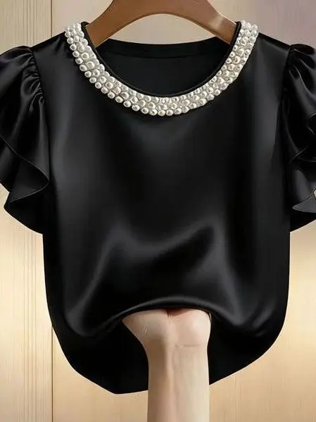 2026 New Satin Pearl Collar Women's Shirt Summer Fashionable Lace Trim French Style Loose Fit Breathable Short Sleeve Top
2026 New Satin Pearl Collar Women's Shirt Summer Fashionable Lace Trim French Style Loose Fit Breathable Short Sleeve Top