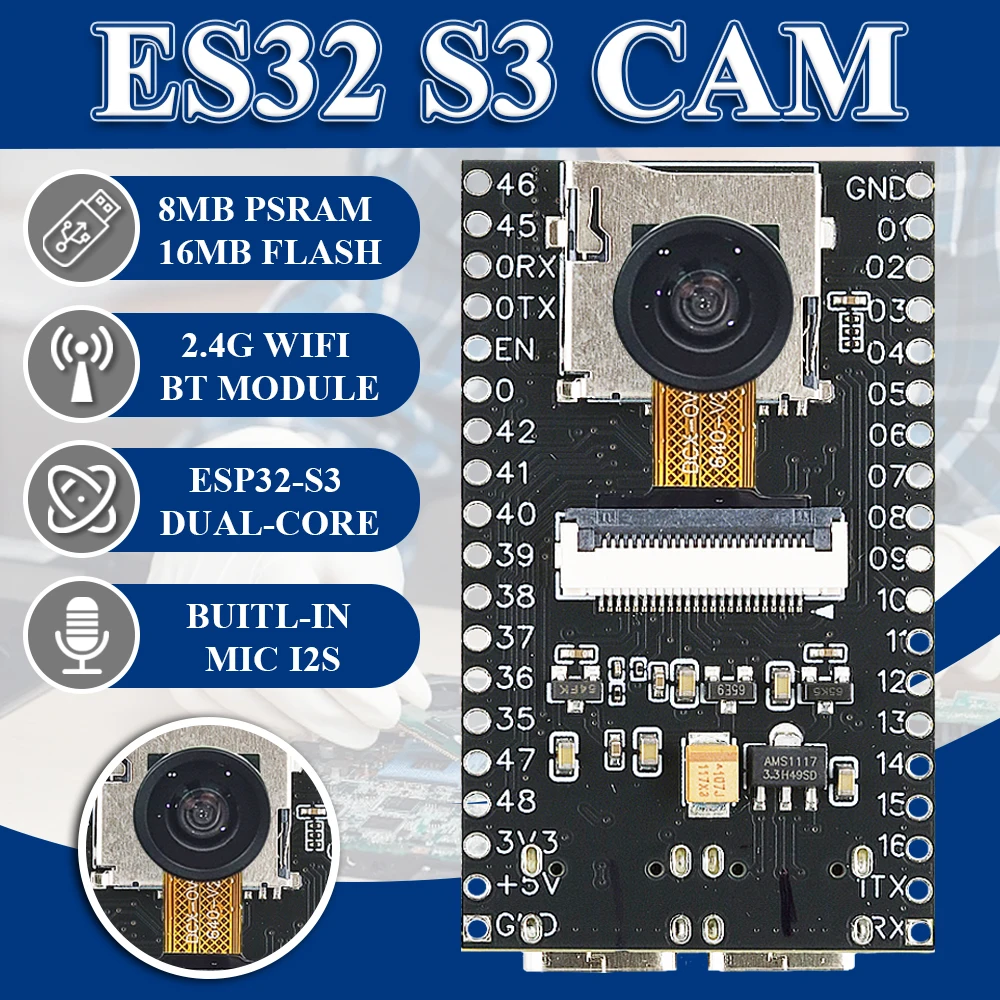 ESP32-S3 N16R8 макетная плата 2,4G Wifi BT модуль с микрофоном OV2640 модуль камеры 8 Мб PSRAM 16 Мб флэш-памяти Новая камера ESP32 S3
ESP32-S3 N16R8 макетная плата 2,4G Wifi BT модуль с микрофоном OV2640 модуль камеры 8 Мб PSRAM 16 Мб флэш-памяти Новая камера ESP32 S3