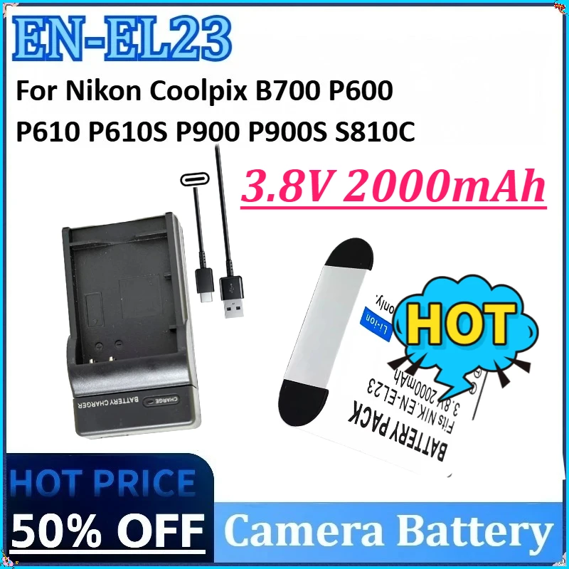 3.8V 2000mAh for Nikon Coolpix B700 P600 P610 P610S P900 P900S S810C EN-EL23 ENEL23 EN EL23 Camera Battery +USB Type-C Charger
3.8V 2000mAh for Nikon Coolpix B700 P600 P610 P610S P900 P900S S810C EN-EL23 ENEL23 EN EL23 Camera Battery +USB Type-C Charger