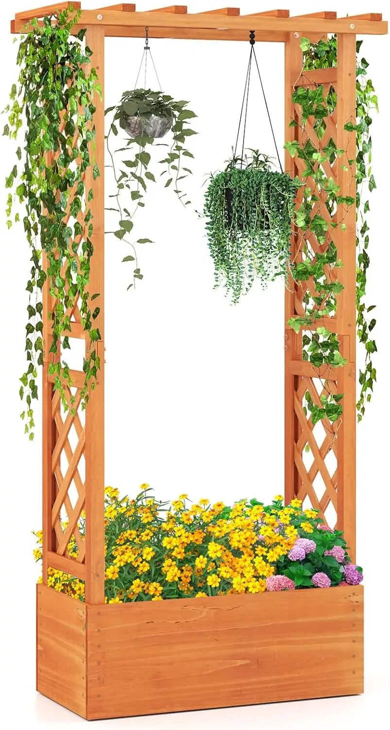 Raised Garden Bed with Trellis, Wood Planter Box with Hanging Roof & Drainage Holes for Climbing Plants, Vines, Flowers & Vegeta
Raised Garden Bed with Trellis, Wood Planter Box with Hanging Roof & Drainage Holes for Climbing Plants, Vines, Flowers & Vegeta