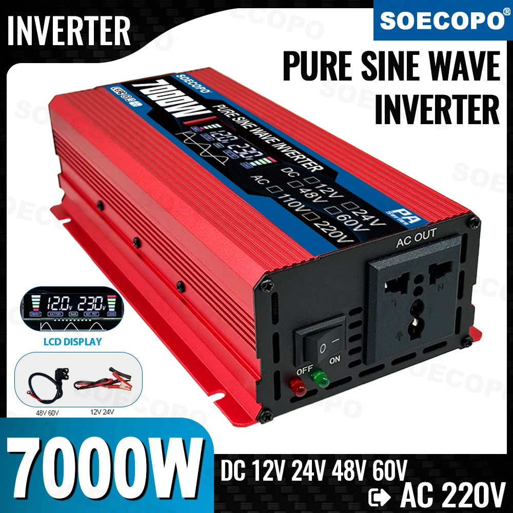 SOECOPO 7000W Pure Sine Wave Inverter 12V/24V/48V/60V to 220V Car Voltage Converter Power Adapter for Car Accessories Camping
SOECOPO 7000W Pure Sine Wave Inverter 12V/24V/48V/60V to 220V Car Voltage Converter Power Adapter for Car Accessories Camping