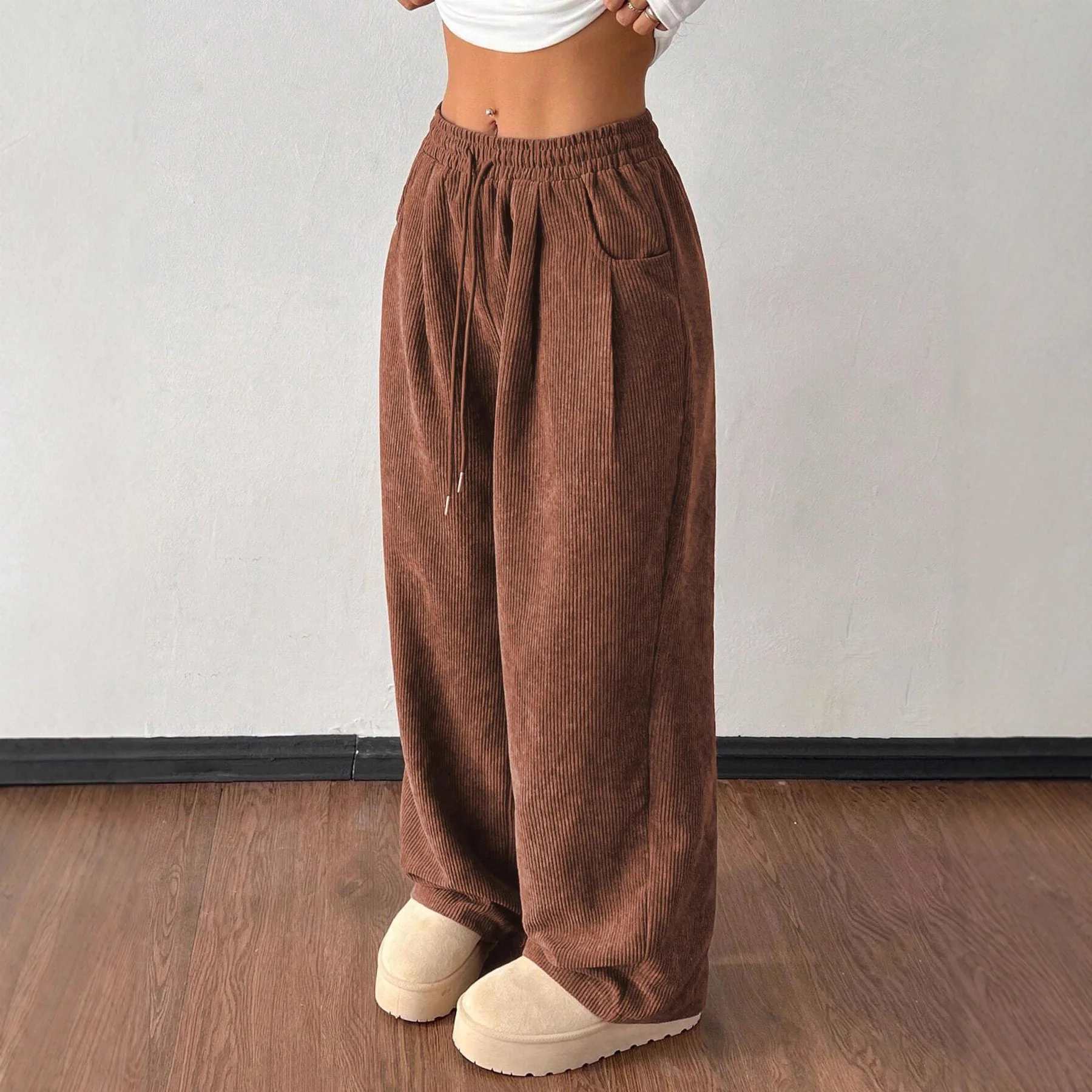 Ladies Retro Corduroy Loose Wide Leg Pants, High Waist Elastic Drawstring Trousers for Fall Winter Daily Wear
Ladies Retro Corduroy Loose Wide Leg Pants, High Waist Elastic Drawstring Trousers for Fall Winter Daily Wear