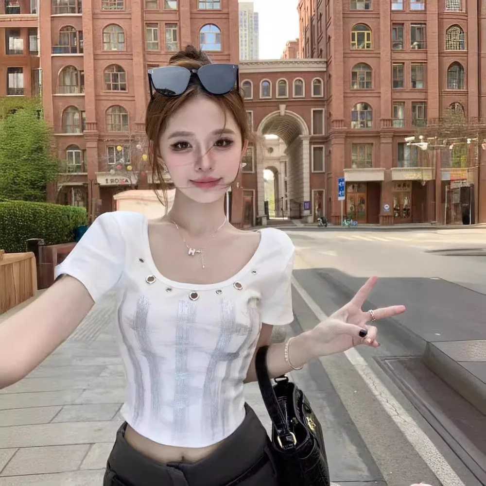 Sexy U Neck Slim White Camisetas Fashion Print Women Crop Tops Tees Short Sleeve Tshirts Female Casual Y2k Hole Tees Streetwear
Sexy U Neck Slim White Camisetas Fashion Print Women Crop Tops Tees Short Sleeve Tshirts Female Casual Y2k Hole Tees Streetwear