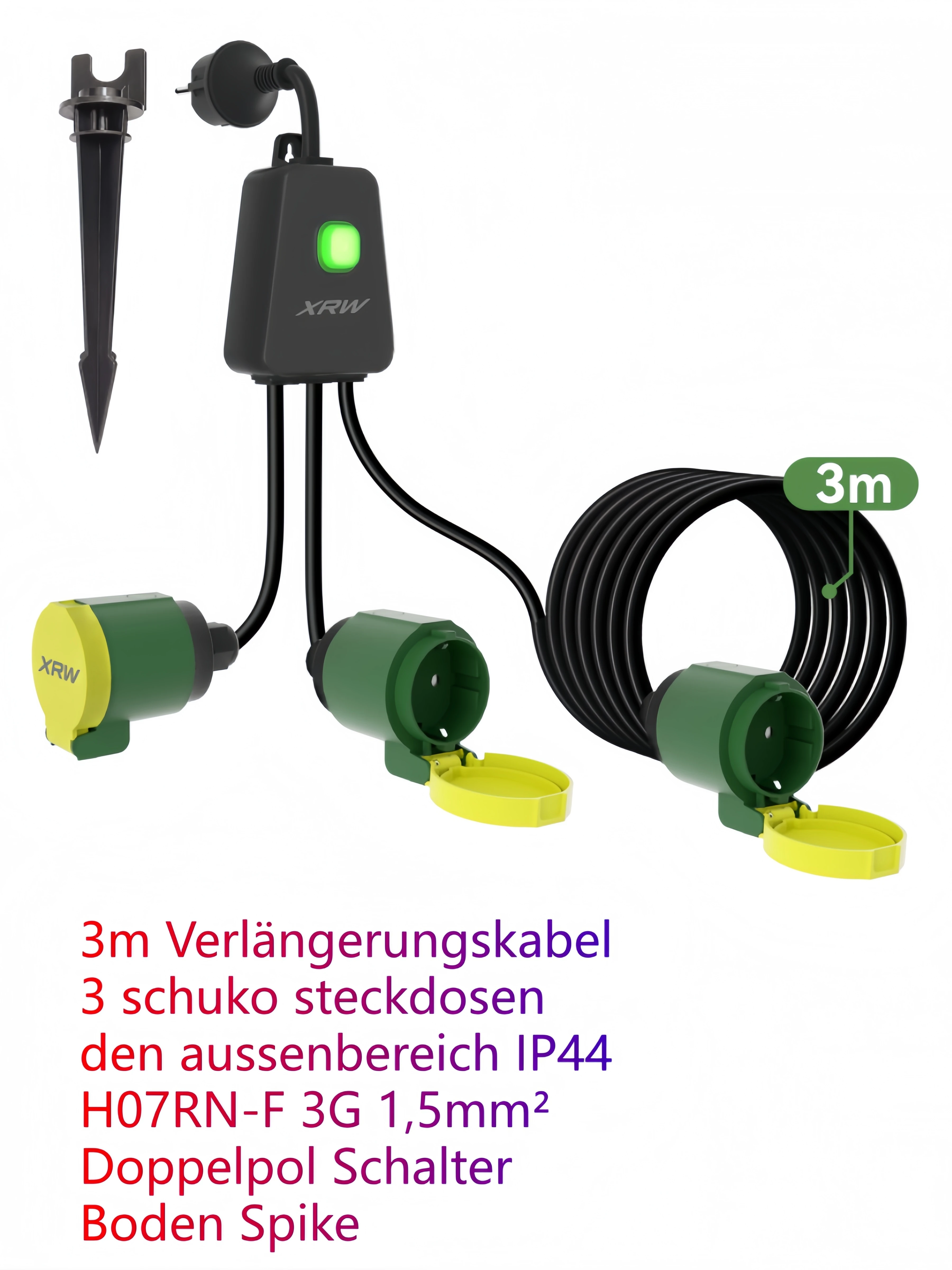 Simatoper 3m Extension Cable 3 Shuko sockets for outdoor IP44 H07RN-F 3G 1.5mm ² double pole switch ground spike
Simatoper 3m Extension Cable 3 Shuko sockets for outdoor IP44 H07RN-F 3G 1.5mm ² double pole switch ground spike