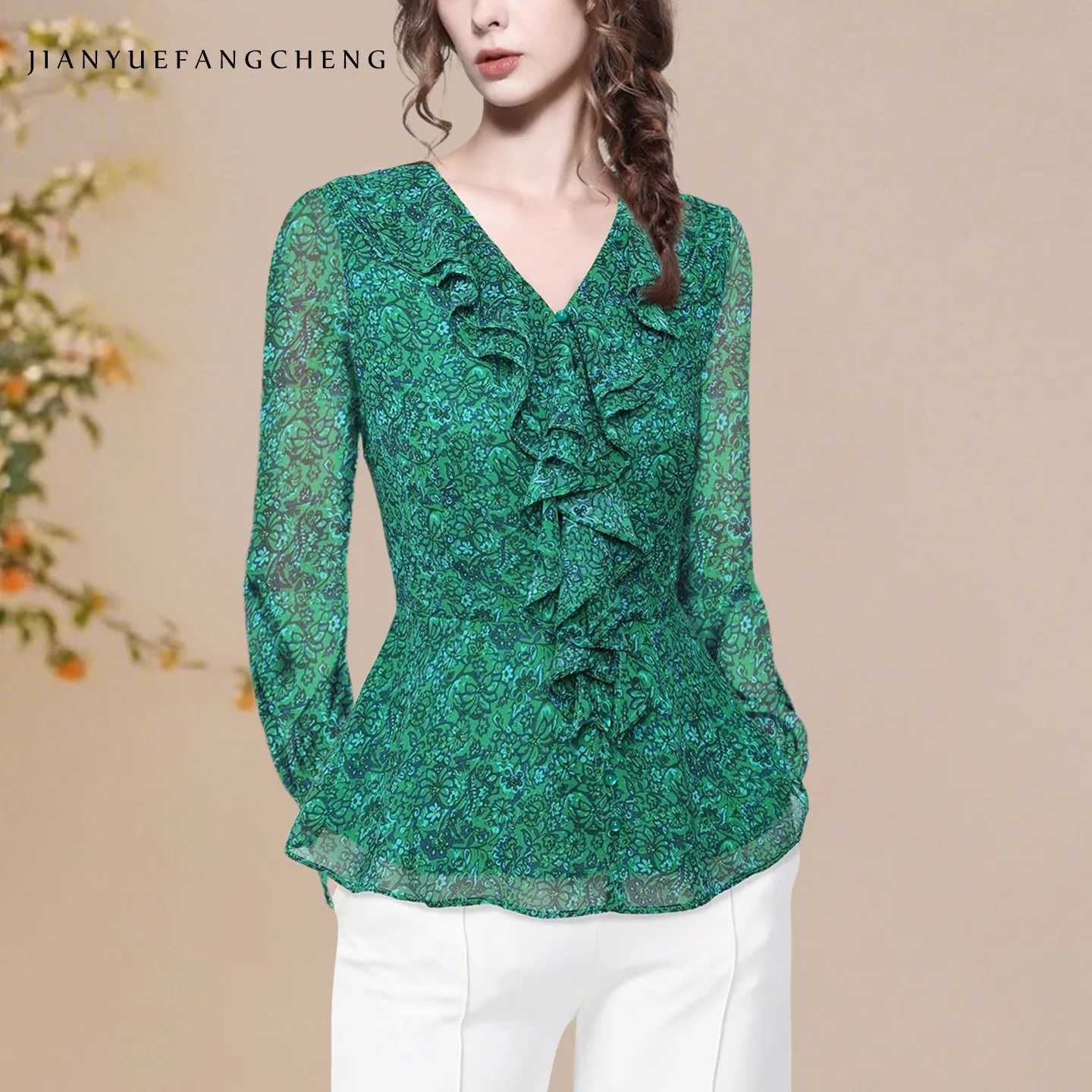 Elegant Women' Chiffon Blouse Green V-Neck Floral Printed Ruffles Top Slim Fit Lightweight Vintage Peplum Shirts
Elegant Women' Chiffon Blouse Green V-Neck Floral Printed Ruffles Top Slim Fit Lightweight Vintage Peplum Shirts