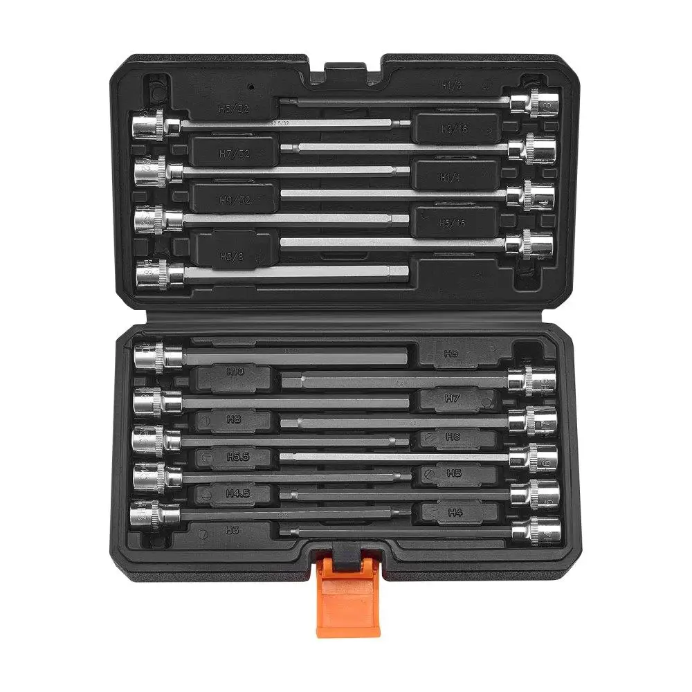 Allen Hex Bit Socket Set 18-Piece 3/8 Inch Drive S2 Alloy Steel Cr-V High Quality Extra Long Socket Set
Allen Hex Bit Socket Set 18-Piece 3/8 Inch Drive S2 Alloy Steel Cr-V High Quality Extra Long Socket Set