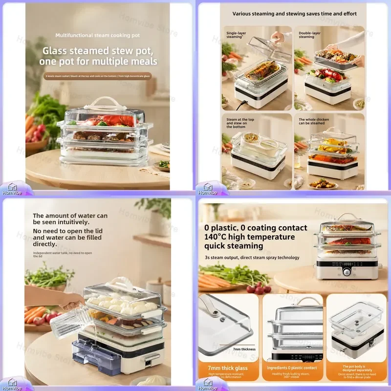 Electric Steam Cooker with Glass Lid Multi Layer Steamer Pot for Healthy Cooking Rice Dumplings Vegetables Fish Soup Kitchen
Electric Steam Cooker with Glass Lid Multi Layer Steamer Pot for Healthy Cooking Rice Dumplings Vegetables Fish Soup Kitchen