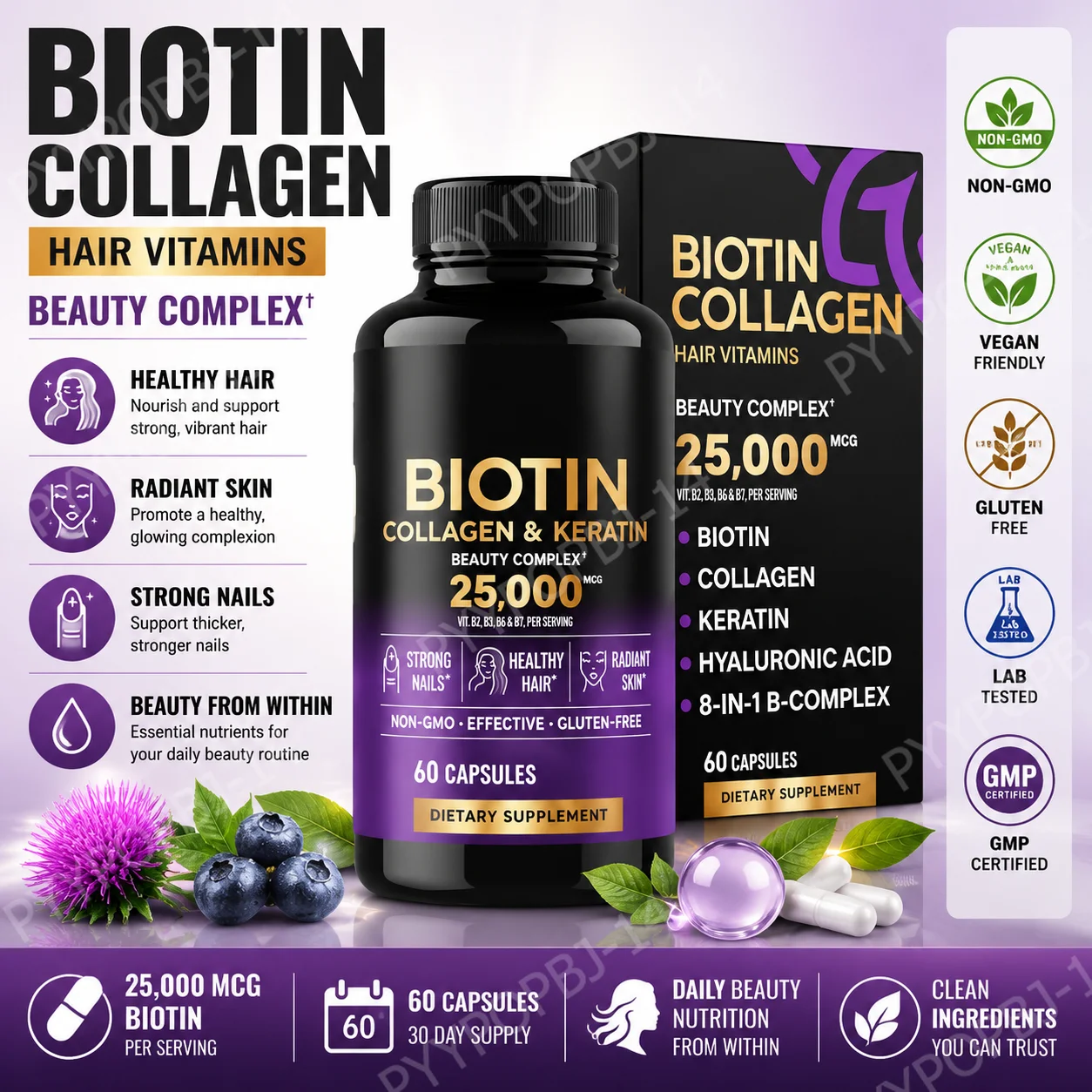 Biotin Collagen Hyaluronic Acid Keratin Support Normal Hair Growth Cycle Skin & Nails with Vitamins B1, B2, B3, B6 & B7 60 Count
Biotin Collagen Hyaluronic Acid Keratin Support Normal Hair Growth Cycle Skin & Nails with Vitamins B1, B2, B3, B6 & B7 60 Count