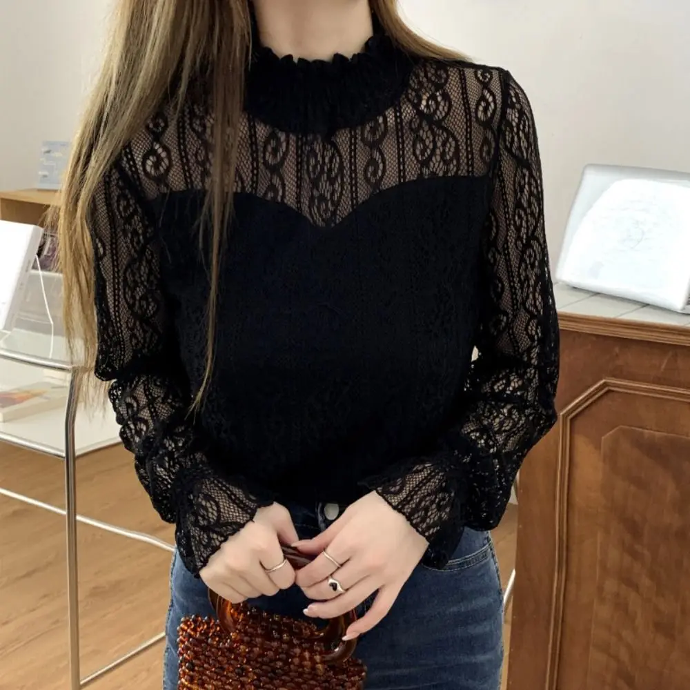 Pullover Lace Flower Top Women See Through Blouse Transparent Long Sleeved Top Half High Collar Streetwear 
Pullover Lace Flower Top Women See Through Blouse Transparent Long Sleeved Top Half High Collar Streetwear