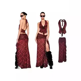 Soft Comfortable Decal Red Plaid Spicy Girl Neck Hanging Top Split Half Skirt Set Women's Commute Style Polyester F...
Soft Comfortable Decal Red Plaid Spicy Girl Neck Hanging Top Split Half Skirt Set Women's Commute Style Polyester F...