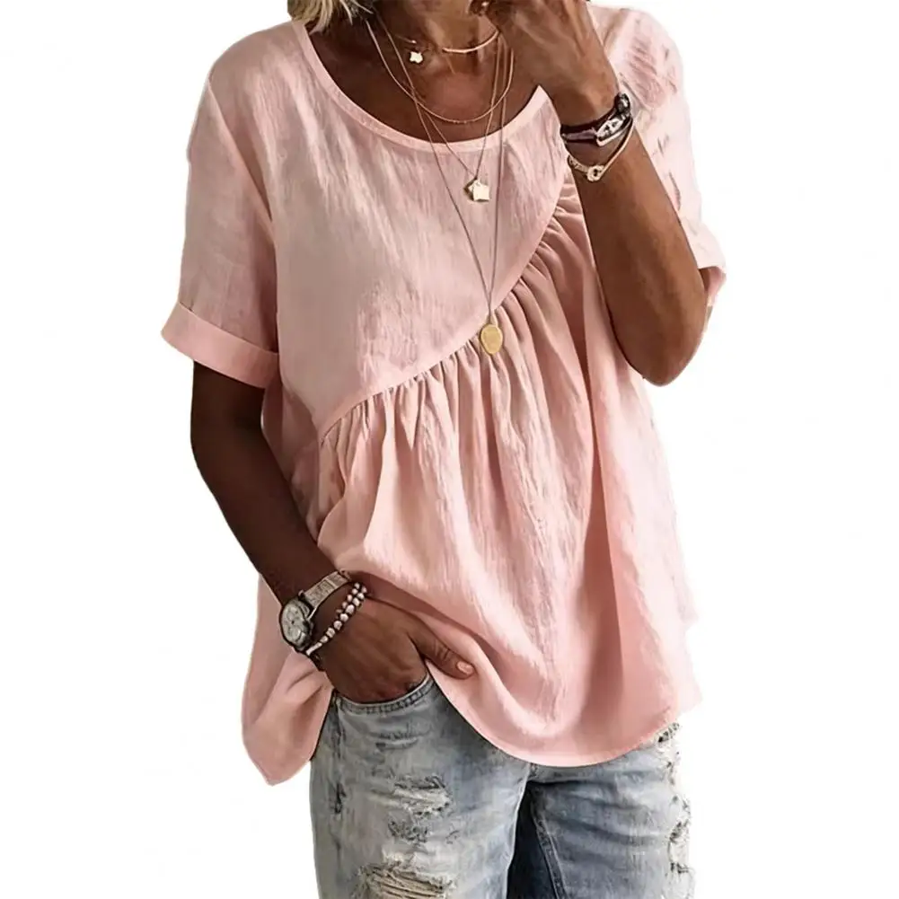 Women T-shirt Women’s Round Neck T-shirt with Ruffle Splicing Short Sleeve Tee Loose Fit Summer Top Pure Color Design Stretchy
Women T-shirt Women’s Round Neck T-shirt with Ruffle Splicing Short Sleeve Tee Loose Fit Summer Top Pure Color Design Stretchy