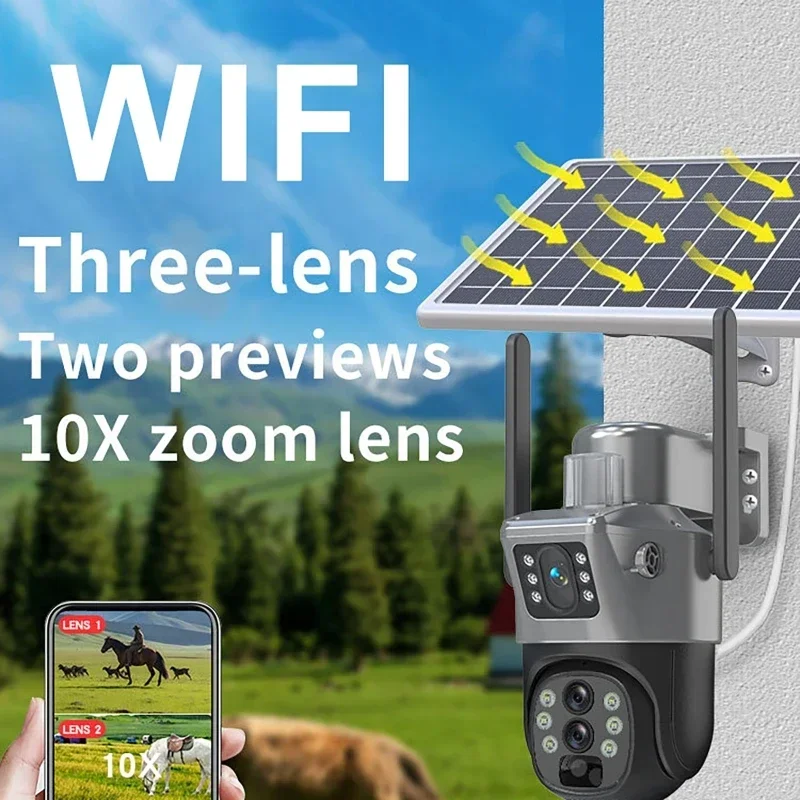 Wireless Monitor Triple Lens Dual Screen Solar Camera 10x Zoom IP Surveillance Cameras Security Protection PTZ Cam 4G Cameras
Wireless Monitor Triple Lens Dual Screen Solar Camera 10x Zoom IP Surveillance Cameras Security Protection PTZ Cam 4G Cameras