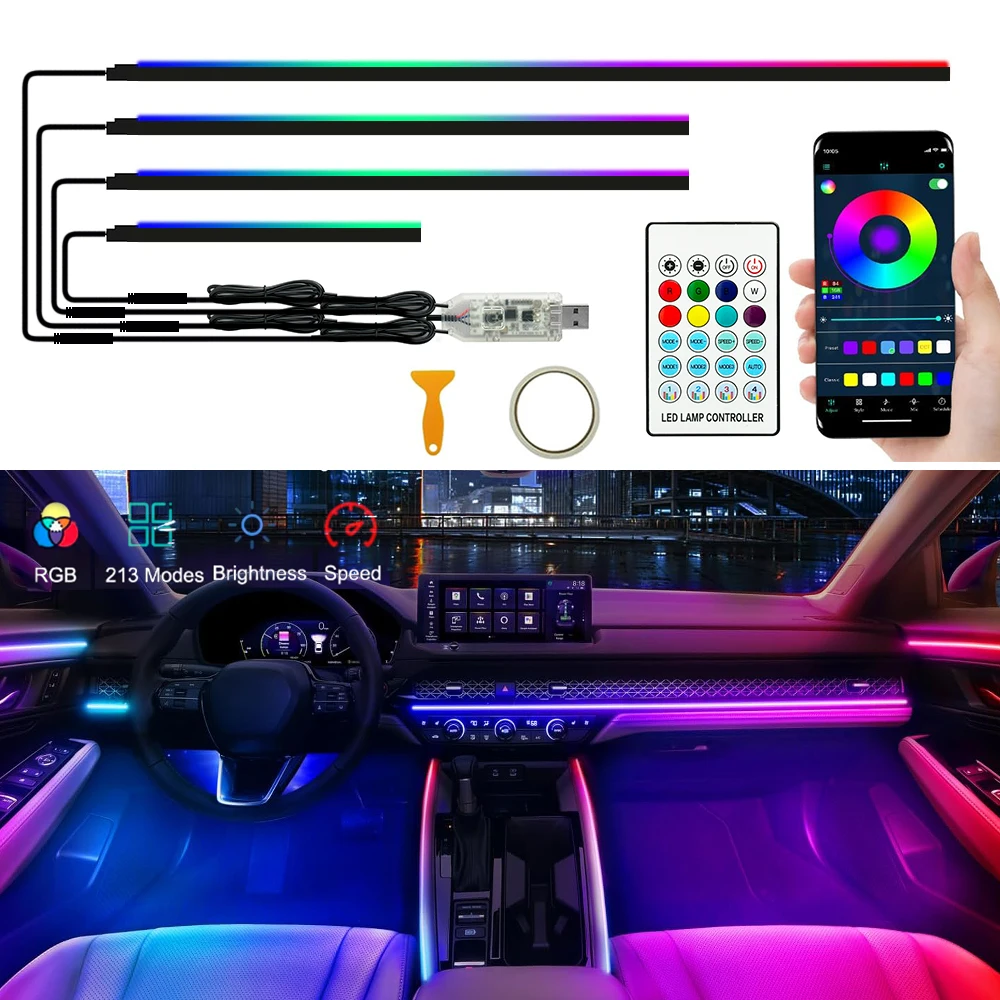 Interior Car LED Strip Lights with Wireless APP and Remote Control, RGB 5 in 1 Ambient Lighting Kits with 236 inches Fiber Optic
Interior Car LED Strip Lights with Wireless APP and Remote Control, RGB 5 in 1 Ambient Lighting Kits with 236 inches Fiber Optic