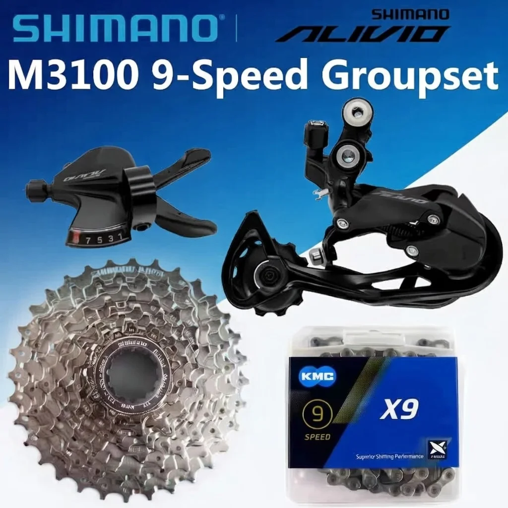 Shimano ALIVIO M3100 1x9 Speed MTB Groupset Shadow RD-M3100 Rear Derailleur RapidFire Plus Lever Sunshine Cassette KMC X9 Chain
Shimano ALIVIO M3100 1x9 Speed MTB Groupset Shadow RD-M3100 Rear Derailleur RapidFire Plus Lever Sunshine Cassette KMC X9 Chain
