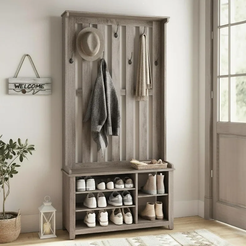 Hall Tree with Bench and Shoe Storage, Coat Rack with Shoe Bench, 7 Double Hooks, 13.8 x 31.9 x 70.9 Inches, Heather Greige
Hall Tree with Bench and Shoe Storage, Coat Rack with Shoe Bench, 7 Double Hooks, 13.8 x 31.9 x 70.9 Inches, Heather Greige