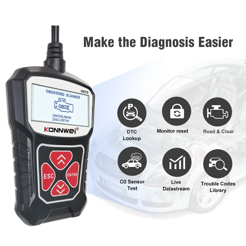 KONNWEI KW310 Automotive Fault Diagnostic Scanner ECU Erase Fault Code Reader OBD2 Scanner Diagnostic Tools OBDII EOBD Scan Tool
KONNWEI KW310 Automotive Fault Diagnostic Scanner ECU Erase Fault Code Reader OBD2 Scanner Diagnostic Tools OBDII EOBD Scan Tool