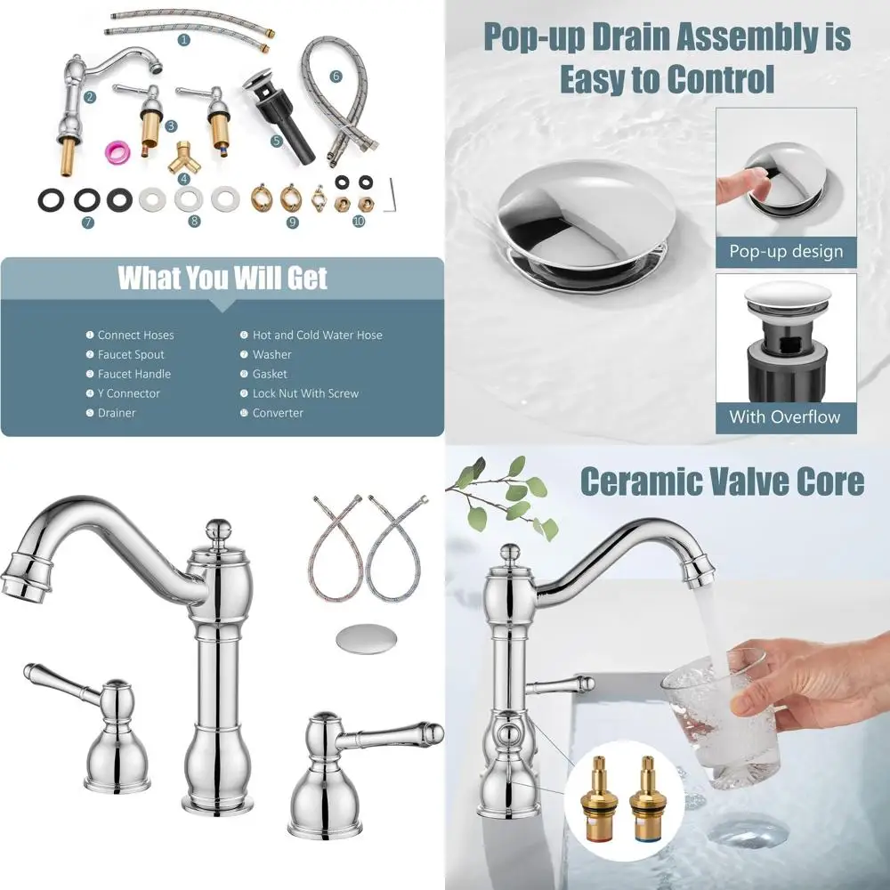 Chrome 3-Hole Deck-Mounted Widespread Bathroom Sink Faucet with Pop-Up Drain and Double Lever Handles
Chrome 3-Hole Deck-Mounted Widespread Bathroom Sink Faucet with Pop-Up Drain and Double Lever Handles