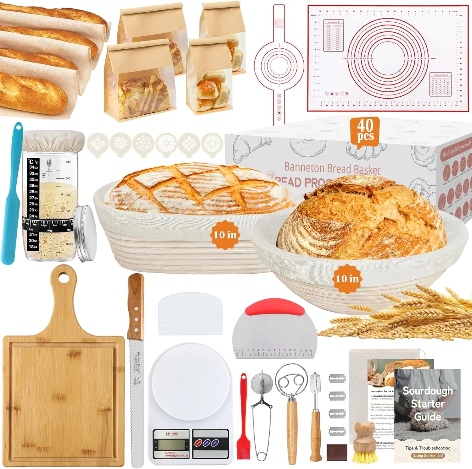 40Pcs Sourdough Bread Baking Kit with Proofing Baskets, Starter Jar, Scale & Tools for Homemade Artisan Loaves
40Pcs Sourdough Bread Baking Kit with Proofing Baskets, Starter Jar, Scale & Tools for Homemade Artisan Loaves