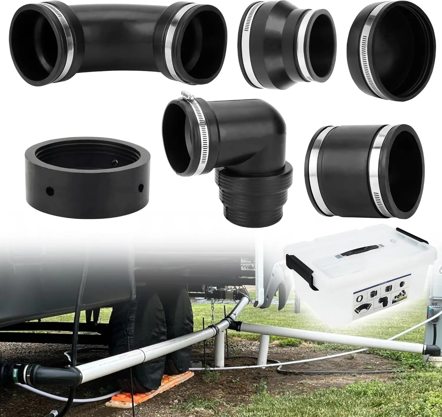 RV and Camper Sewer Waste Plumbing Connection System Kit with Slip Fit Coupling Adapter, for 3inch PVC Pipe RV Sewer Hose
RV and Camper Sewer Waste Plumbing Connection System Kit with Slip Fit Coupling Adapter, for 3inch PVC Pipe RV Sewer Hose