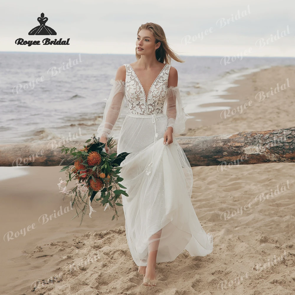 Elegant V Neck Boho A Line Wedding Dresses 2026 Off Shoulder Open Back Customized Beach Bridal Gown Custom vestido de novia
Elegant V Neck Boho A Line Wedding Dresses 2026 Off Shoulder Open Back Customized Beach Bridal Gown Custom vestido de novia