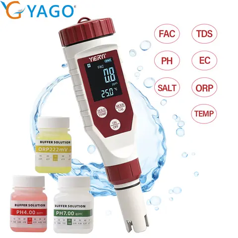 YAGO Pool Water Tester Digital Chlorine pH ORP Meter Swimming Pool Water Quality Tester with TDS EC Salinity Temperature CL