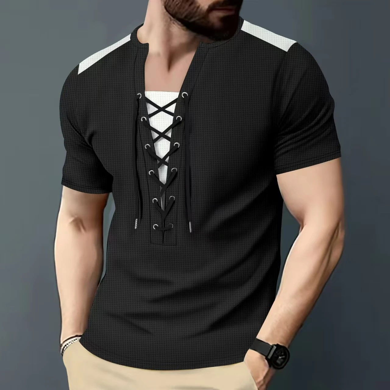 Summer new men's Waffle all match casual color patchwork wear rope round neck outdoor casual short-sleeved T-shirt top
Summer new men's Waffle all match casual color patchwork wear rope round neck outdoor casual short-sleeved T-shirt top
