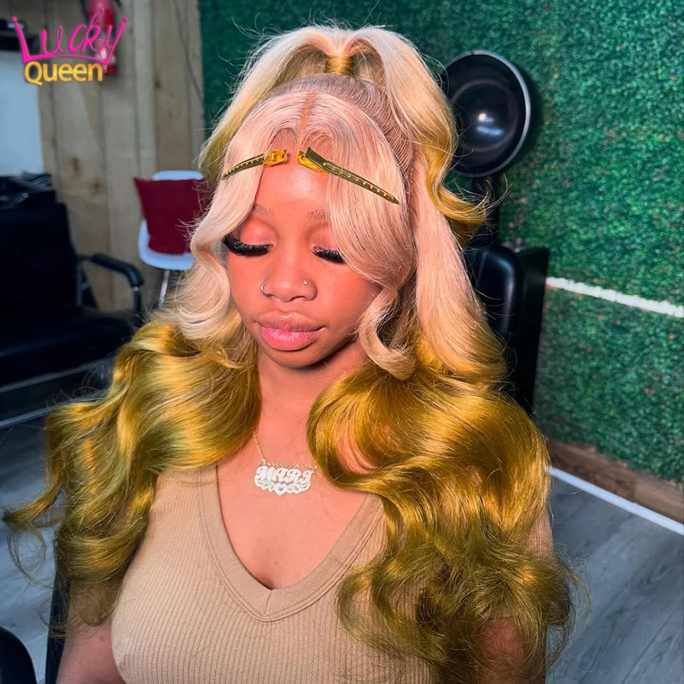 Ombre Dark Yellow With 613 Blonde Pre Plucked Human Hair 180Density Transparent Lace Frontal Colorful Wigs Body Wave For Women
Ombre Dark Yellow With 613 Blonde Pre Plucked Human Hair 180Density Transparent Lace Frontal Colorful Wigs Body Wave For Women