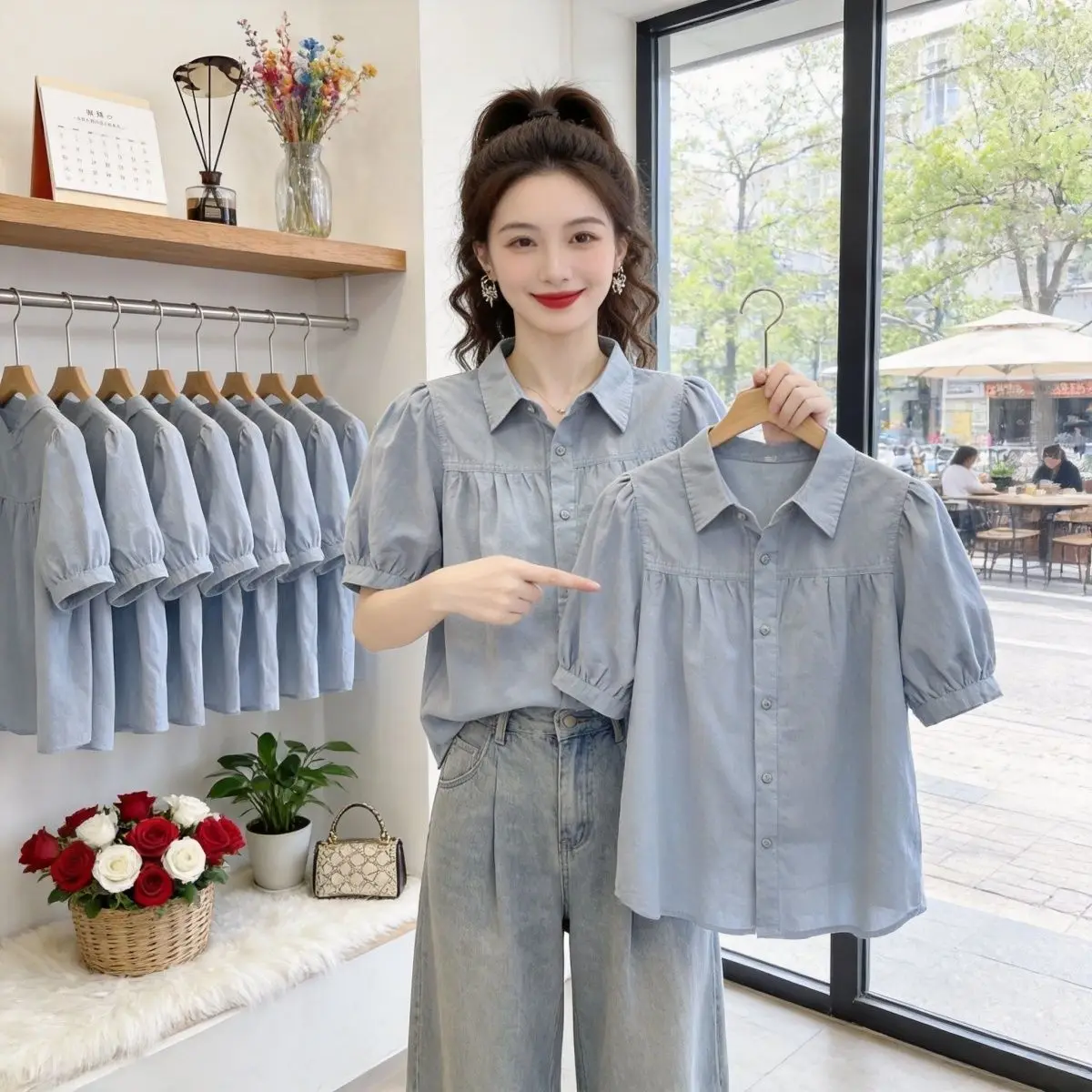 Summer Cotton Shirt Women's Short Sleeve Lantern Sleeve Commute Versatile Top Fashionable Meat Covering Outer Shirt
Summer Cotton Shirt Women's Short Sleeve Lantern Sleeve Commute Versatile Top Fashionable Meat Covering Outer Shirt