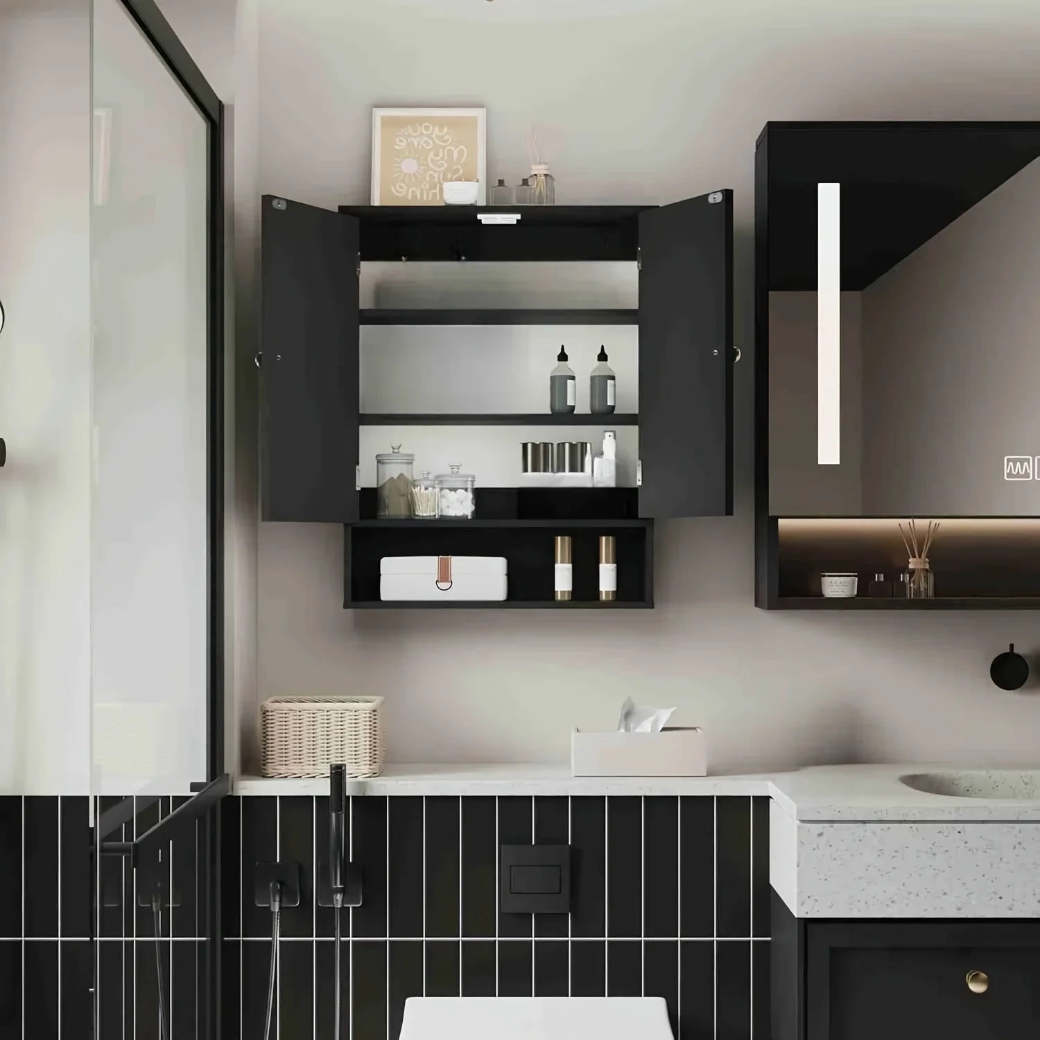 Contemporary Medicine Cabinet for Bathrooms, Designed to Be Mounted on The Wall, Featuring Adjustable Shelves. Ideal for Use in Household Bathrooms, Living Rooms, And Kitchens, Available in Black And White Designs
Contemporary Medicine Cabinet for Bathrooms, Designed to Be Mounted on The Wall, Featuring Adjustable Shelves. Ideal for Use in Household Bathrooms, Living Rooms, And Kitchens, Available in Black And White Designs