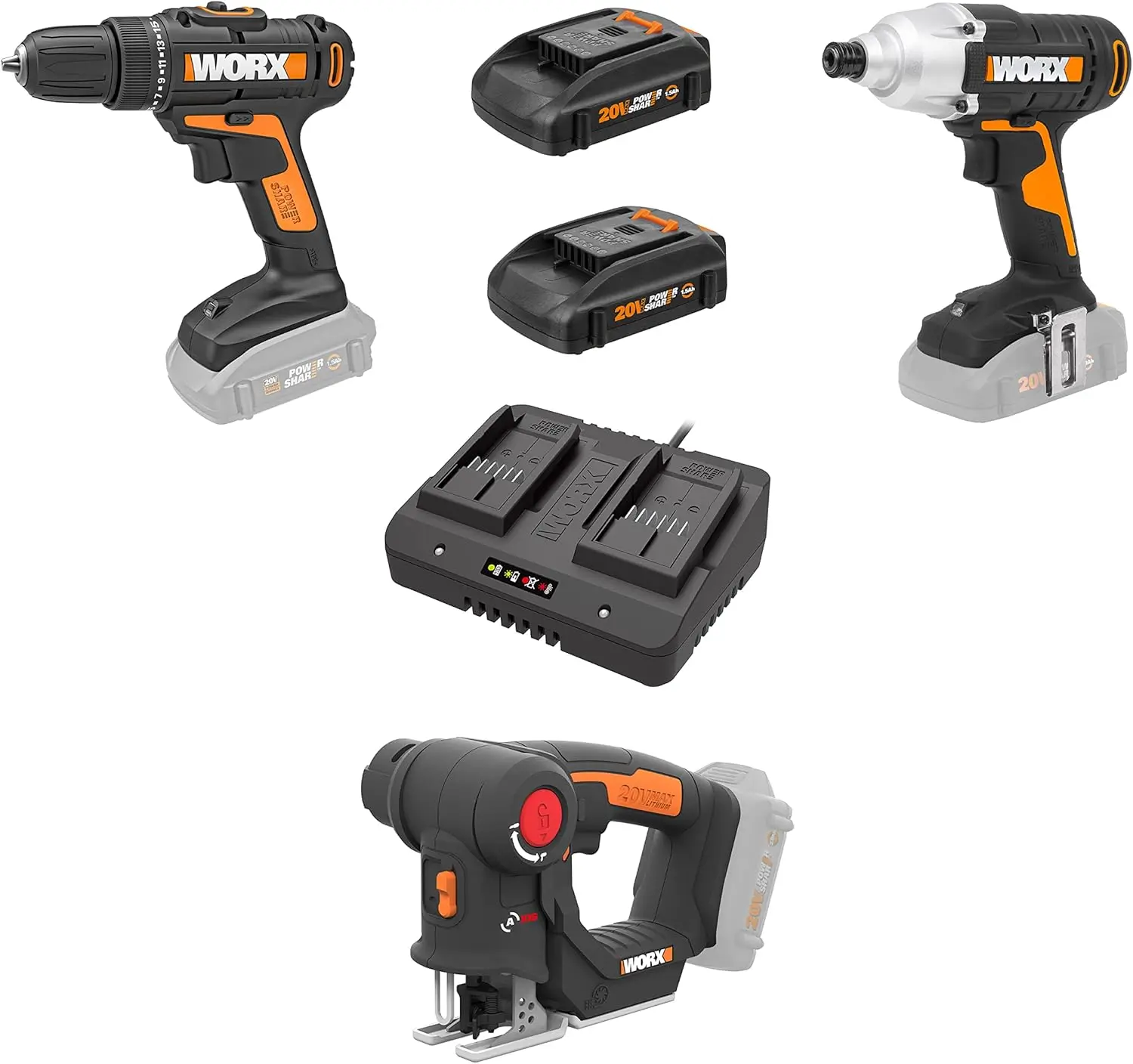 20V Cordless Drill Driver,Impact Driver And Reciprocating Saw,Wx911L Power Tool Combo Kit ,2 * 2.0Ah Batteries & Charger
20V Cordless Drill Driver,Impact Driver And Reciprocating Saw,Wx911L Power Tool Combo Kit ,2 * 2.0Ah Batteries & Charger