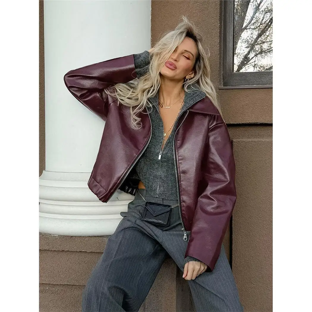 Vintage Biker Style Wine Red Leather Jacket Women's Fashion Matte Outerwear Coat Long Sleeve Zipper Closure Short Length
Vintage Biker Style Wine Red Leather Jacket Women's Fashion Matte Outerwear Coat Long Sleeve Zipper Closure Short Length