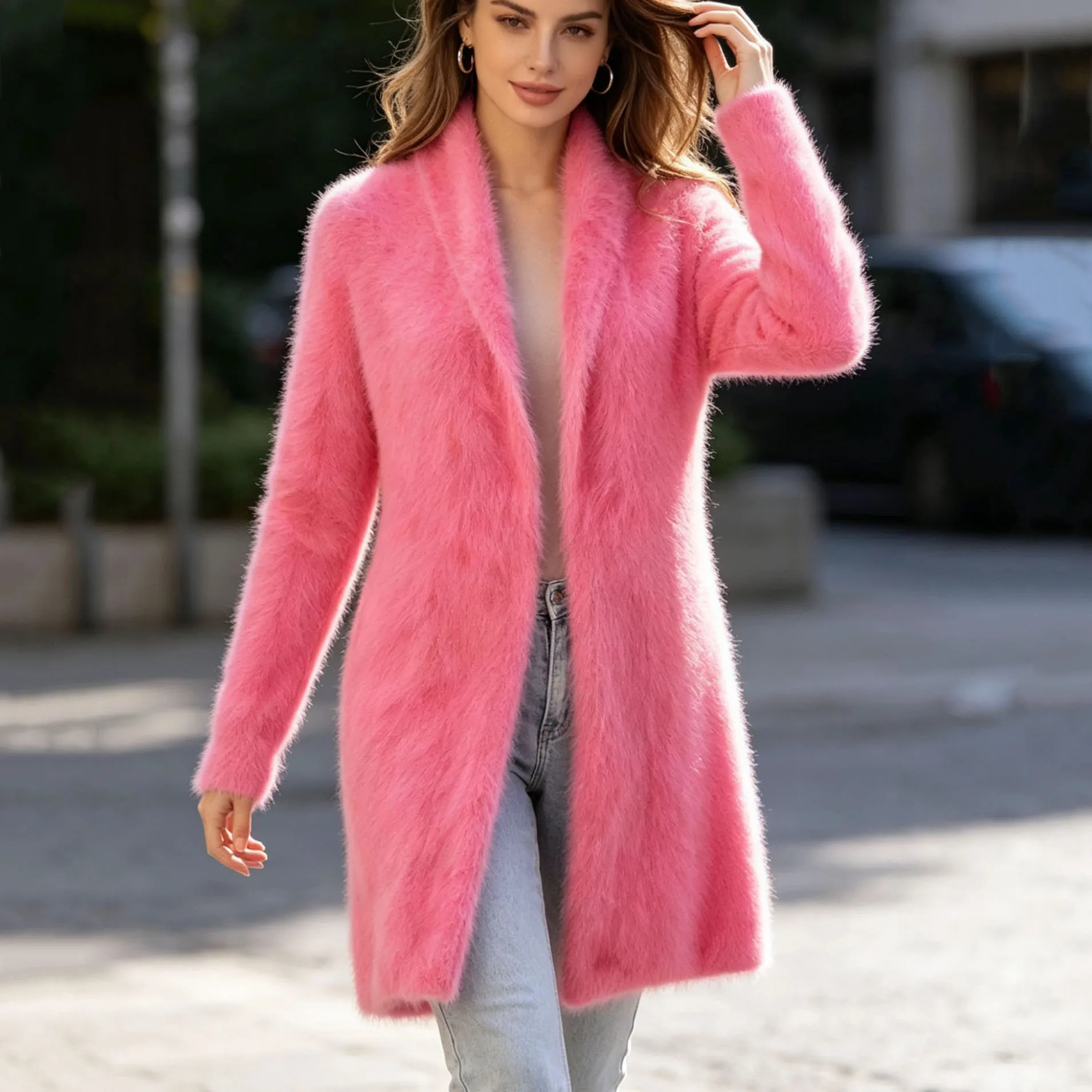 Women Mujer Autumn Winter Fashion Sweet Pink Hairy Mink Cashmere Knitted Long Sleeves Loose Medium Long Cardigans Mantle Coat
Women Mujer Autumn Winter Fashion Sweet Pink Hairy Mink Cashmere Knitted Long Sleeves Loose Medium Long Cardigans Mantle Coat