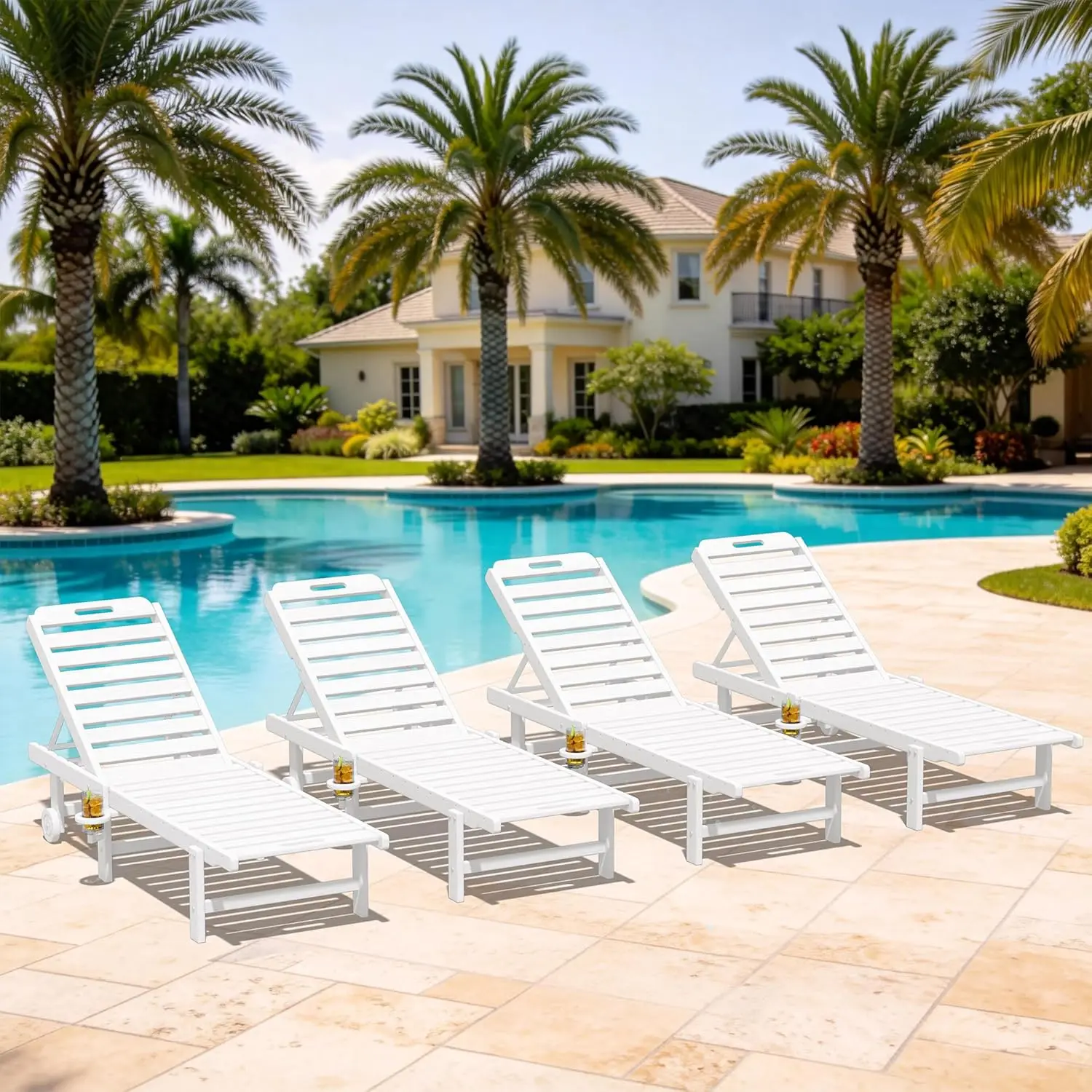 Patio Chaise Lounge Chair Set of 4, HDPE Outdoor Lounge Chair with Cup Holder, 5 Positions Adjustable Pool Lounger with Rolling
Patio Chaise Lounge Chair Set of 4, HDPE Outdoor Lounge Chair with Cup Holder, 5 Positions Adjustable Pool Lounger with Rolling