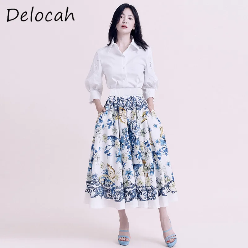 Delocah Fashion Design Women's Single breasted Shirt Embroidered White Top High Waist Folded Big Swing Printed Half Skirt Set
Delocah Fashion Design Women's Single breasted Shirt Embroidered White Top High Waist Folded Big Swing Printed Half Skirt Set