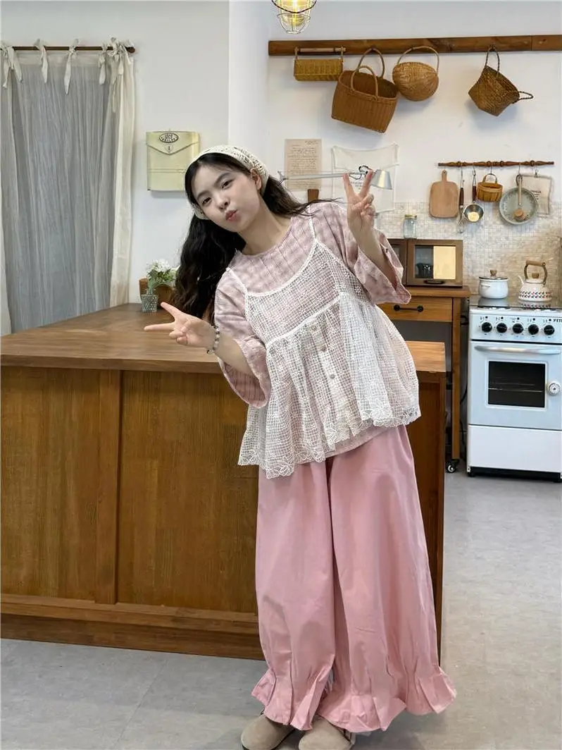 Korean Style Sweet Youthful Summer Lace Trim Set Women's High Waist Wide Leg Pants Plaid Shirt Three Piece Set Commute Style
Korean Style Sweet Youthful Summer Lace Trim Set Women's High Waist Wide Leg Pants Plaid Shirt Three Piece Set Commute Style