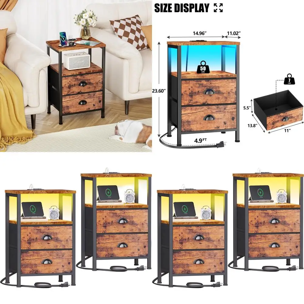 Pair of Rustic Brown Nightstands with Charging, LED Lights, Fabric Drawers & Shelves for Living Room/Bedroom
Pair of Rustic Brown Nightstands with Charging, LED Lights, Fabric Drawers & Shelves for Living Room/Bedroom