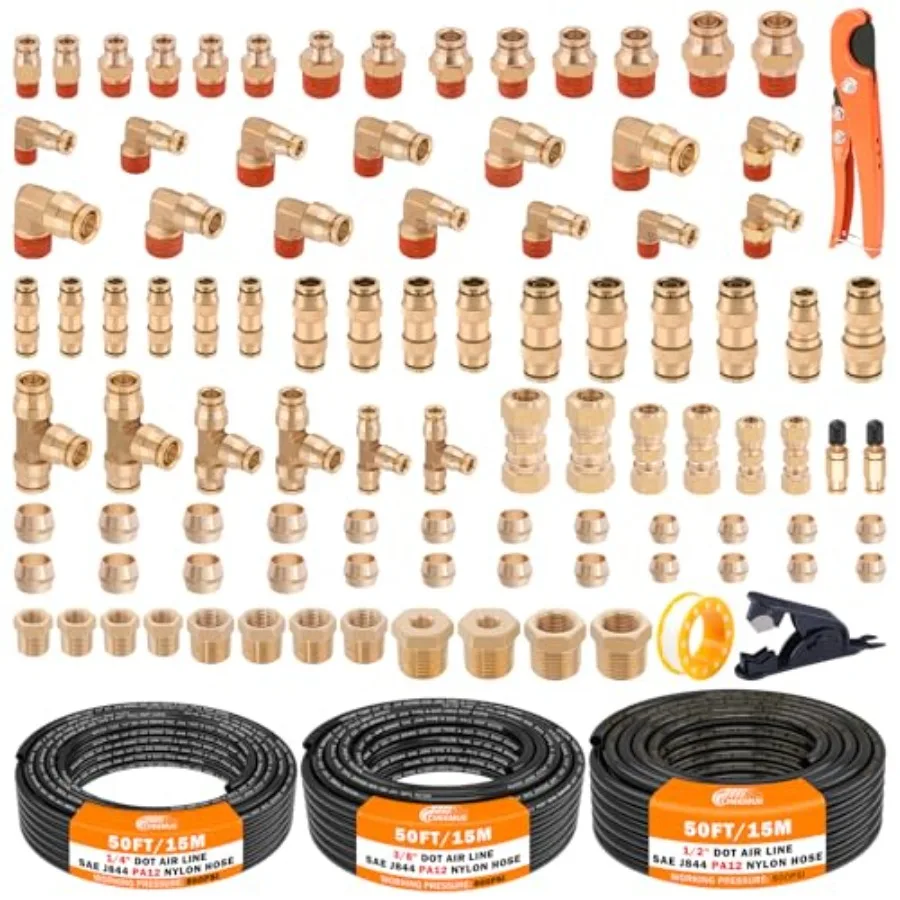 100 PCS Brass DOT Air Line Fittings with 3 Roll 50FT 1/4" 3/8" 1/2" DOT Air Lines Kit Push Lock Air Fitting Quick Connect Air F
100 PCS Brass DOT Air Line Fittings with 3 Roll 50FT 1/4" 3/8" 1/2" DOT Air Lines Kit Push Lock Air Fitting Quick Connect Air F