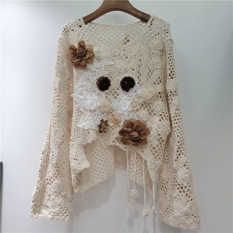 Irregular Three-dimensional Embroidery Hollow Lace Shirt Pullover Sweater Women Spring and Summer Lace-up Knitted Sweater Top
Irregular Three-dimensional Embroidery Hollow Lace Shirt Pullover Sweater Women Spring and Summer Lace-up Knitted Sweater Top