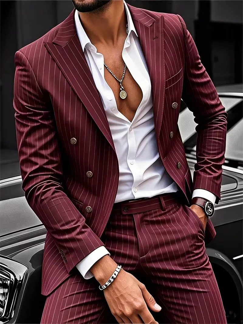 Burgundy Red Pinstripe Men's Suit 2-Piece Double Breasted Slim Fit Formal Wedding & Prom Tuxedo
Burgundy Red Pinstripe Men's Suit 2-Piece Double Breasted Slim Fit Formal Wedding & Prom Tuxedo
