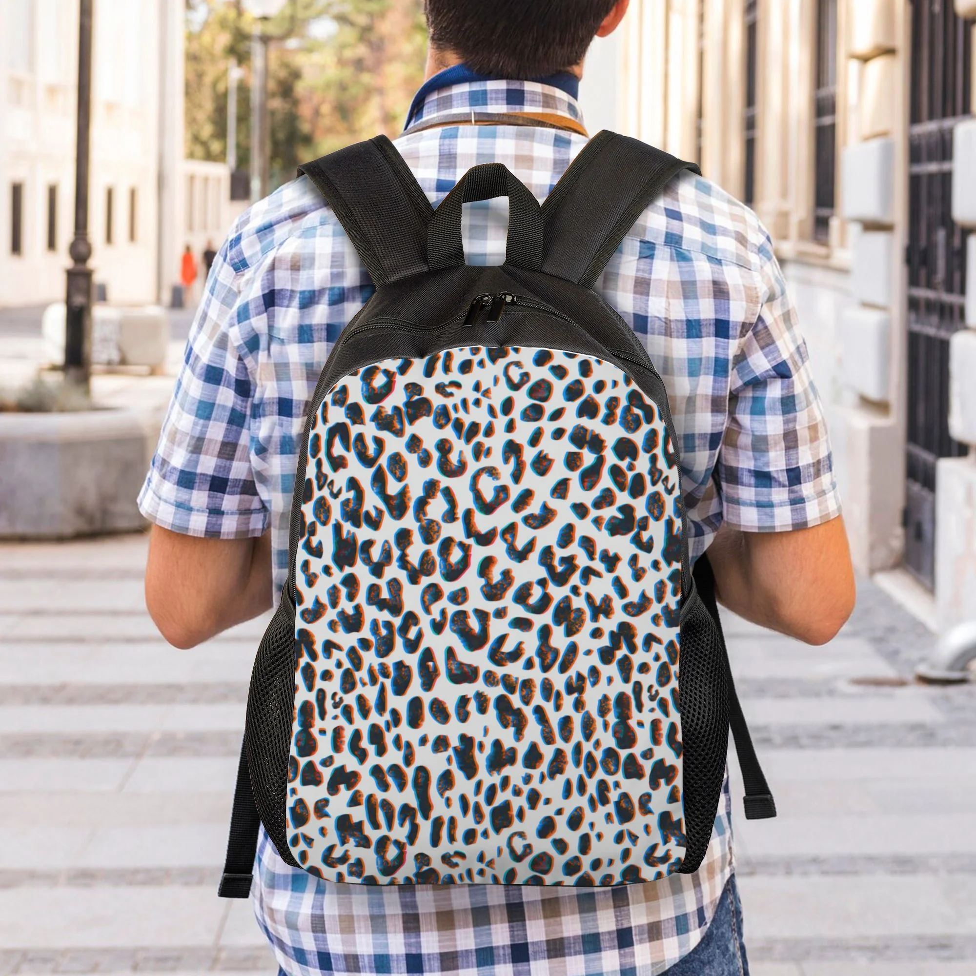 Leopard print 3D black and white backpack - grey base with blue accents, loose style bag, a main compartment
Leopard print 3D black and white backpack - grey base with blue accents, loose style bag, a main compartment