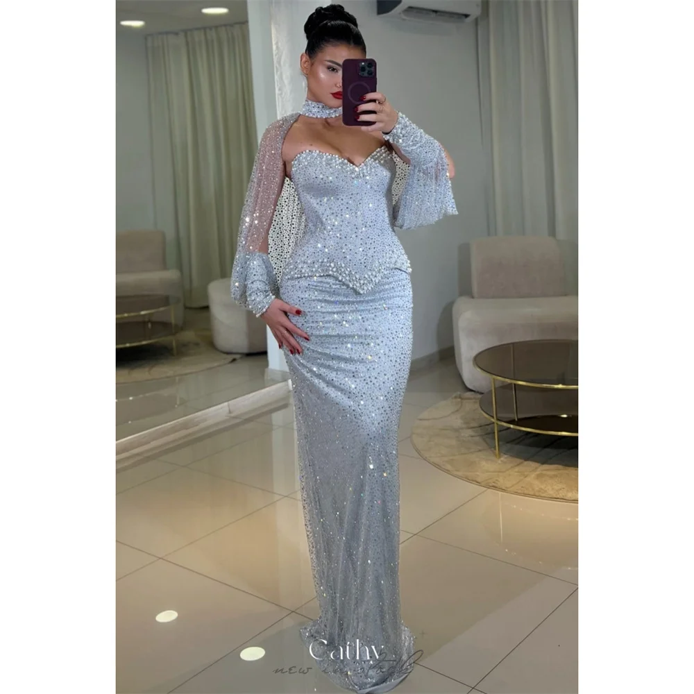 Cathy Customized Sky Blue Diamonds Mermaid Prom Dress Pearls Detachable Sleeves vestidos de noiva Zip Back Floor-Length Formal
Cathy Customized Sky Blue Diamonds Mermaid Prom Dress Pearls Detachable Sleeves vestidos de noiva Zip Back Floor-Length Formal