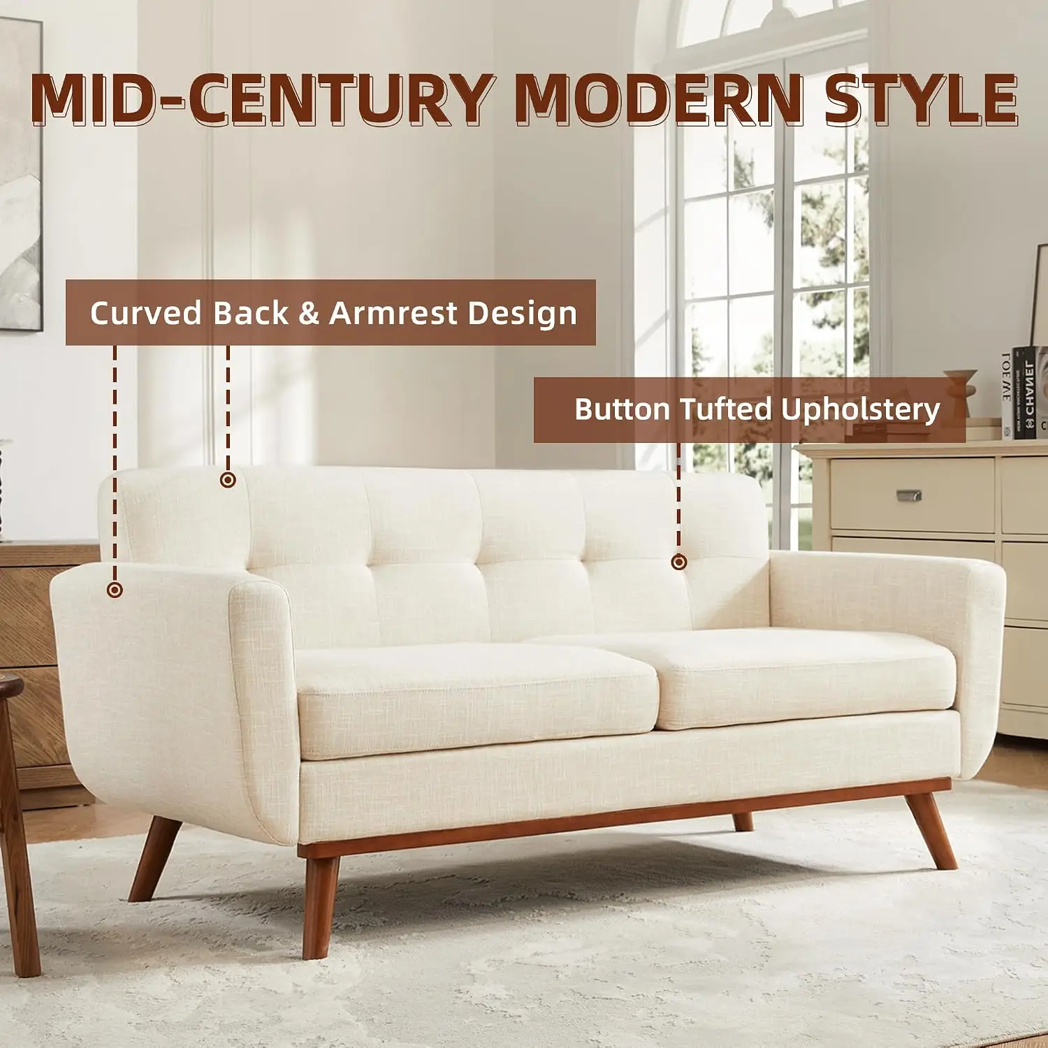 65.2" Mid Century Tufted Loveseat, Upholstered Couch for Living Room & Office, Custom
65.2" Mid Century Tufted Loveseat, Upholstered Couch for Living Room & Office, Custom