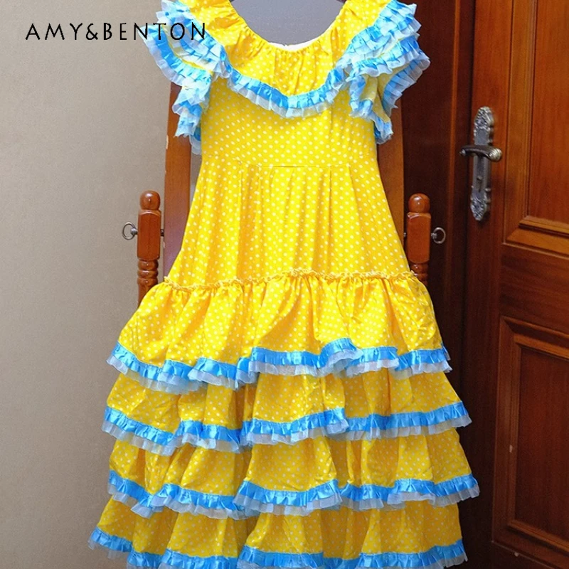 2025 Summer Yellow Polka Dot Women's Dress Sweet Flying Sleeves Blue Lace Splicing Cute Lolita Centre Long Cake Dresses Ladies
2025 Summer Yellow Polka Dot Women's Dress Sweet Flying Sleeves Blue Lace Splicing Cute Lolita Centre Long Cake Dresses Ladies