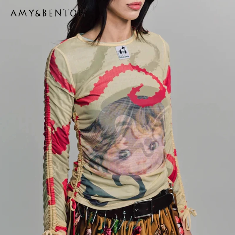 European American Sweet Spicy Personalized Women's Long-sleeved Top Spring New Double-layer Mesh Yarn Drawstring T-shirt Ladies
European American Sweet Spicy Personalized Women's Long-sleeved Top Spring New Double-layer Mesh Yarn Drawstring T-shirt Ladies