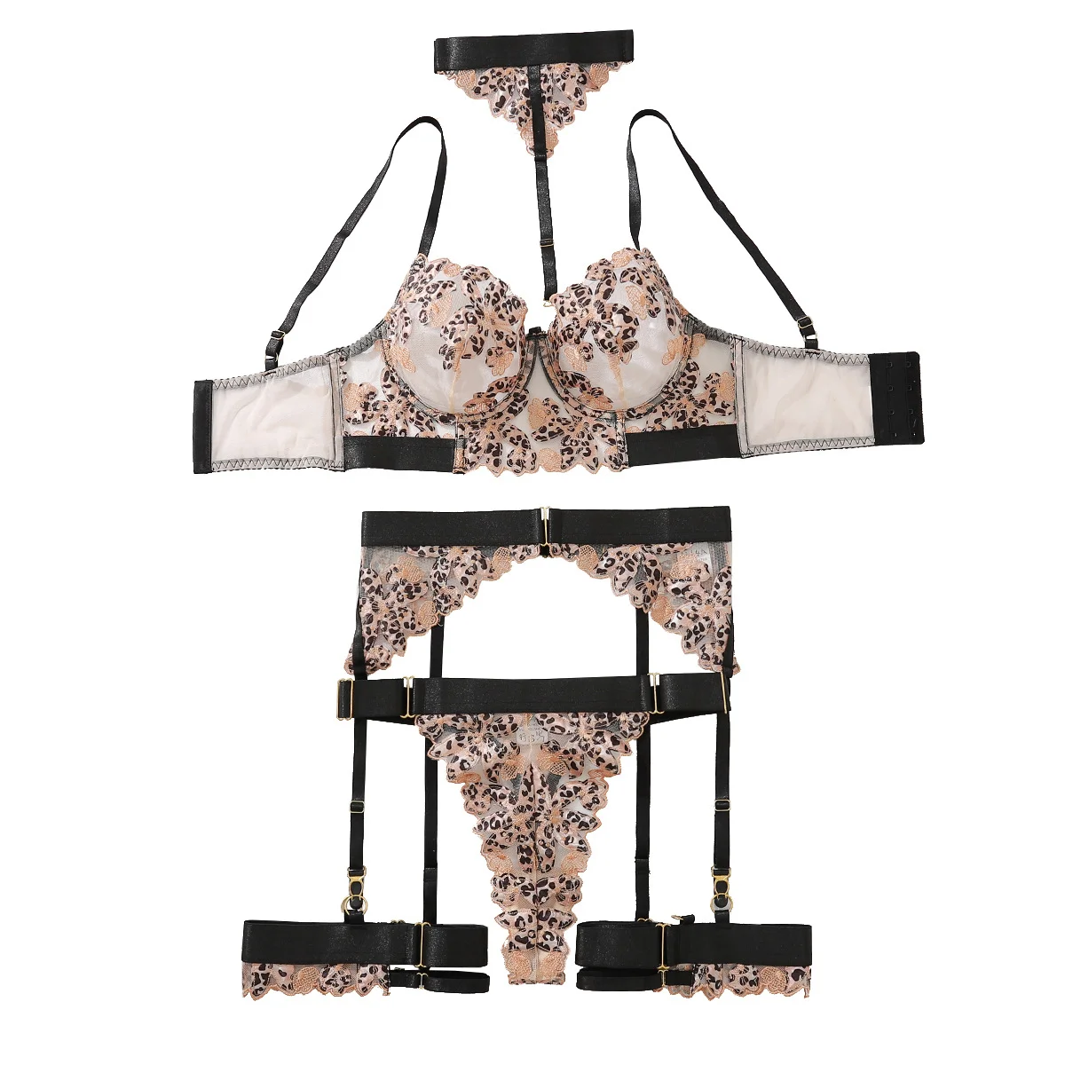 Women's Lingerie 5-Piece Set Hanging Neck Leopard Embroidered Bra Panty Garter Sets See-Through Patchwork Sexy Underwear
Women's Lingerie 5-Piece Set Hanging Neck Leopard Embroidered Bra Panty Garter Sets See-Through Patchwork Sexy Underwear