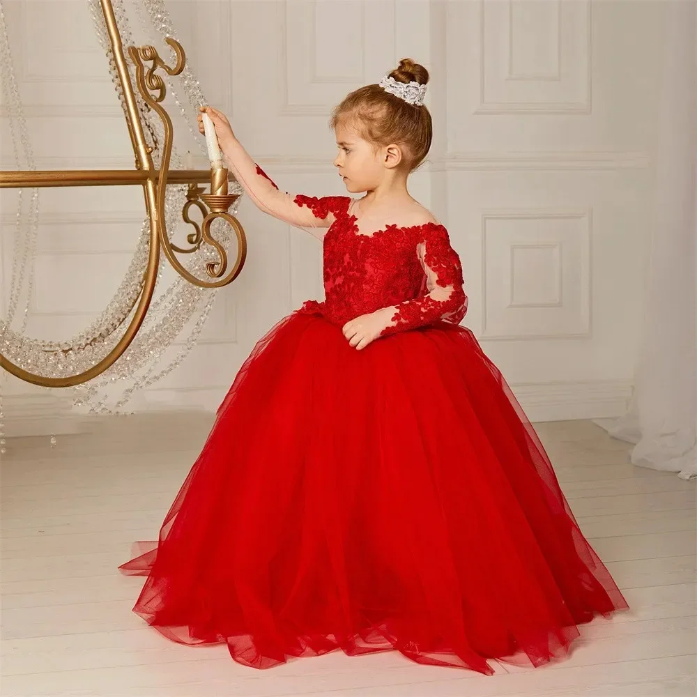 Customized Red Flower Girls Dresses Bow Appliques Backless Lace Puffy Round Neck with Long Sleeves Beautiful Bridesmaid Birthday
Customized Red Flower Girls Dresses Bow Appliques Backless Lace Puffy Round Neck with Long Sleeves Beautiful Bridesmaid Birthday