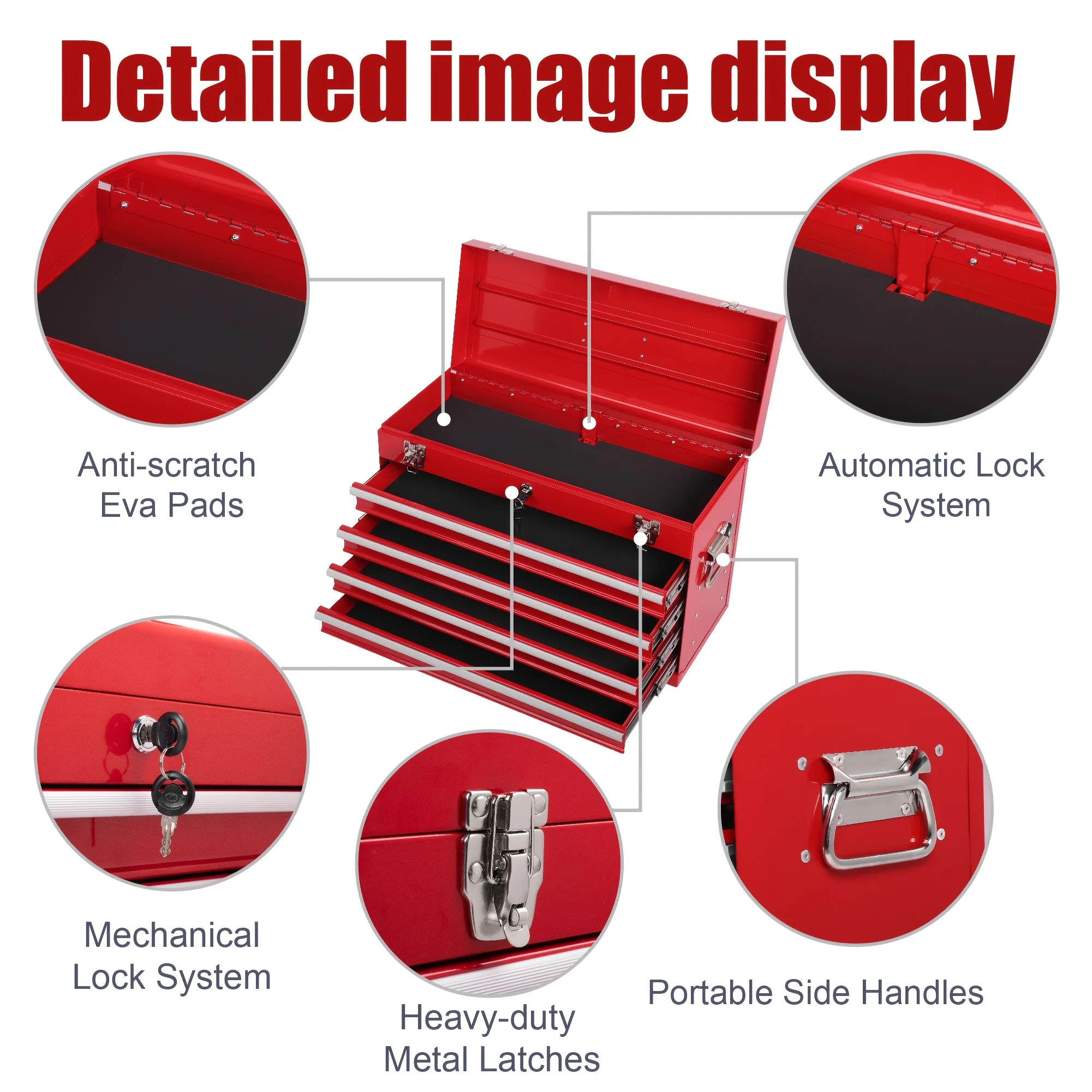 4-Drawer Heavy-Duty Steel Tool Box with Lockable Ball Bearing Slides & Top Storage Tray - 21” Portable Tool Chest Suitable for Garage, Workshop,, Multi-Drawer Powder-Coated Toolbox with Latch Closure (No Revision)
4-Drawer Heavy-Duty Steel Tool Box with Lockable Ball Bearing Slides & Top Storage Tray - 21” Portable Tool Chest Suitable for Garage, Workshop,, Multi-Drawer Powder-Coated Toolbox with Latch Closure (No Revision)