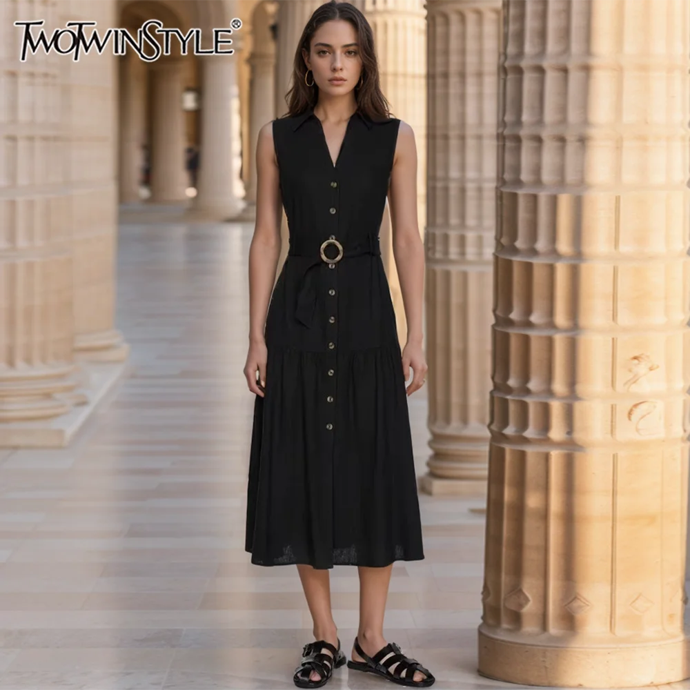 TWOTWINSTYLE Solid Casual Spliced Belt Dress For Women V Neck Sleeveless Tunic Patchwork Button Loose Dresses Female KDR510270
TWOTWINSTYLE Solid Casual Spliced Belt Dress For Women V Neck Sleeveless Tunic Patchwork Button Loose Dresses Female KDR510270